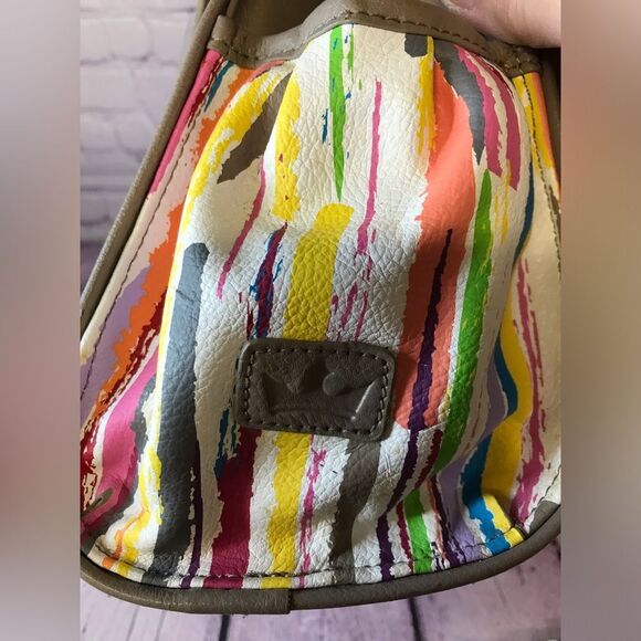 NWT Baekgaard Tan Leather Frame Shoulder Bag Watercolor Stripe Side Pockets - Picture 7 of 11